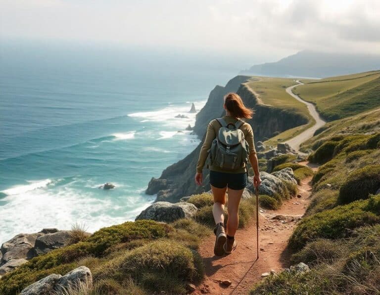 Day hiker exploring one of the best coastal hiking routes, with breathtaking ocean views and rugged cliffs.