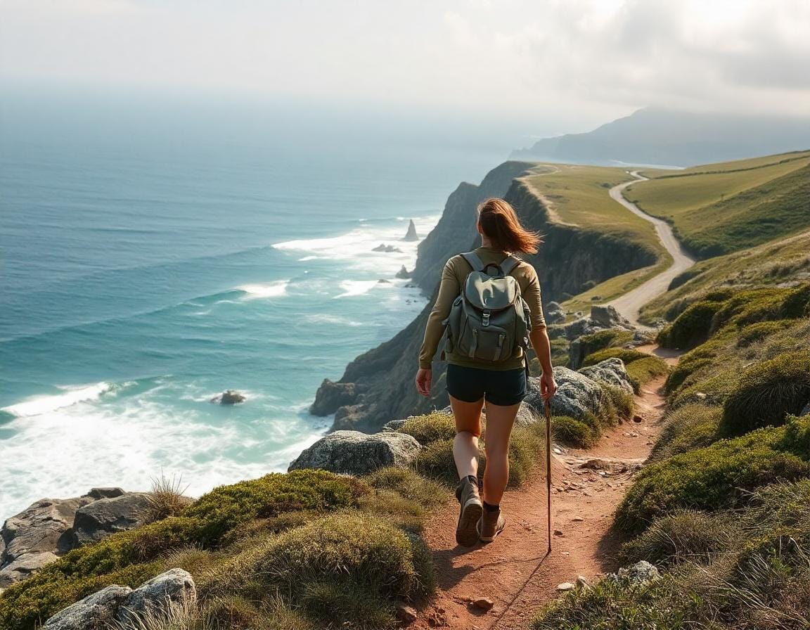 Day hiker exploring one of the best coastal hiking routes, with breathtaking ocean views and rugged cliffs.