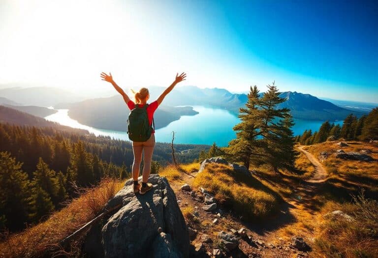 an image of guide to day hiking with a-hiker-on-a-rocky-outcrop-arms-raised-in-triumph