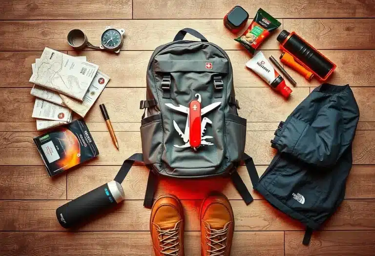 Day pack with day hike essentials spread around it