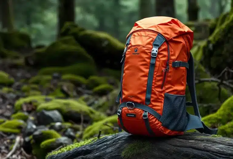 Day hiking backpack set on a moss covered log